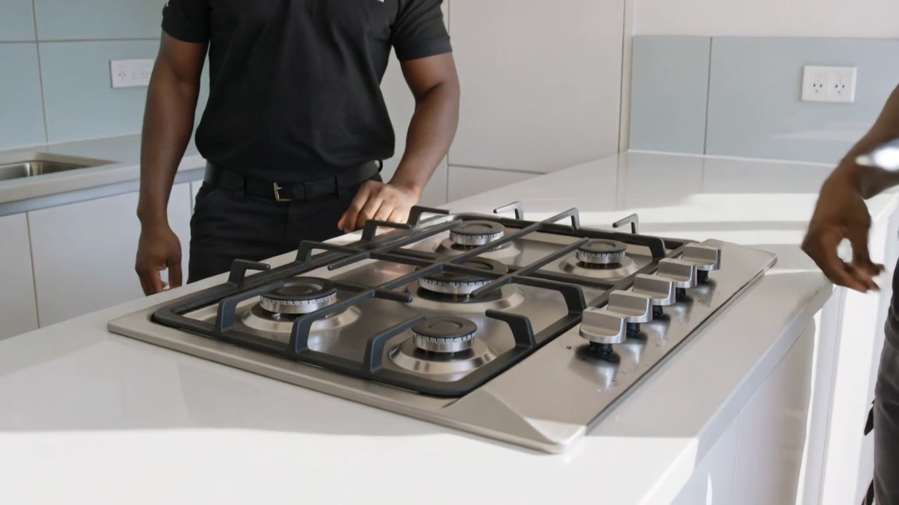 Gas Installers Pretoria - two registered gas installers fitting an LPG gas hob into a kitchen worktop